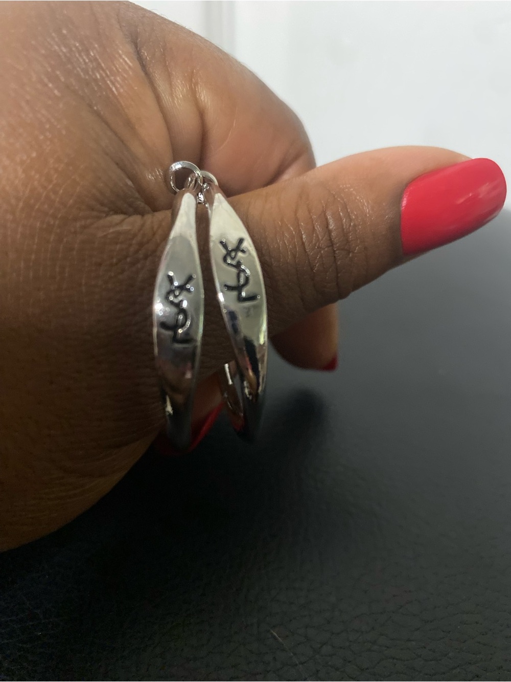 Silver Hoop Earrings with Engraved YSL Detail - Silver